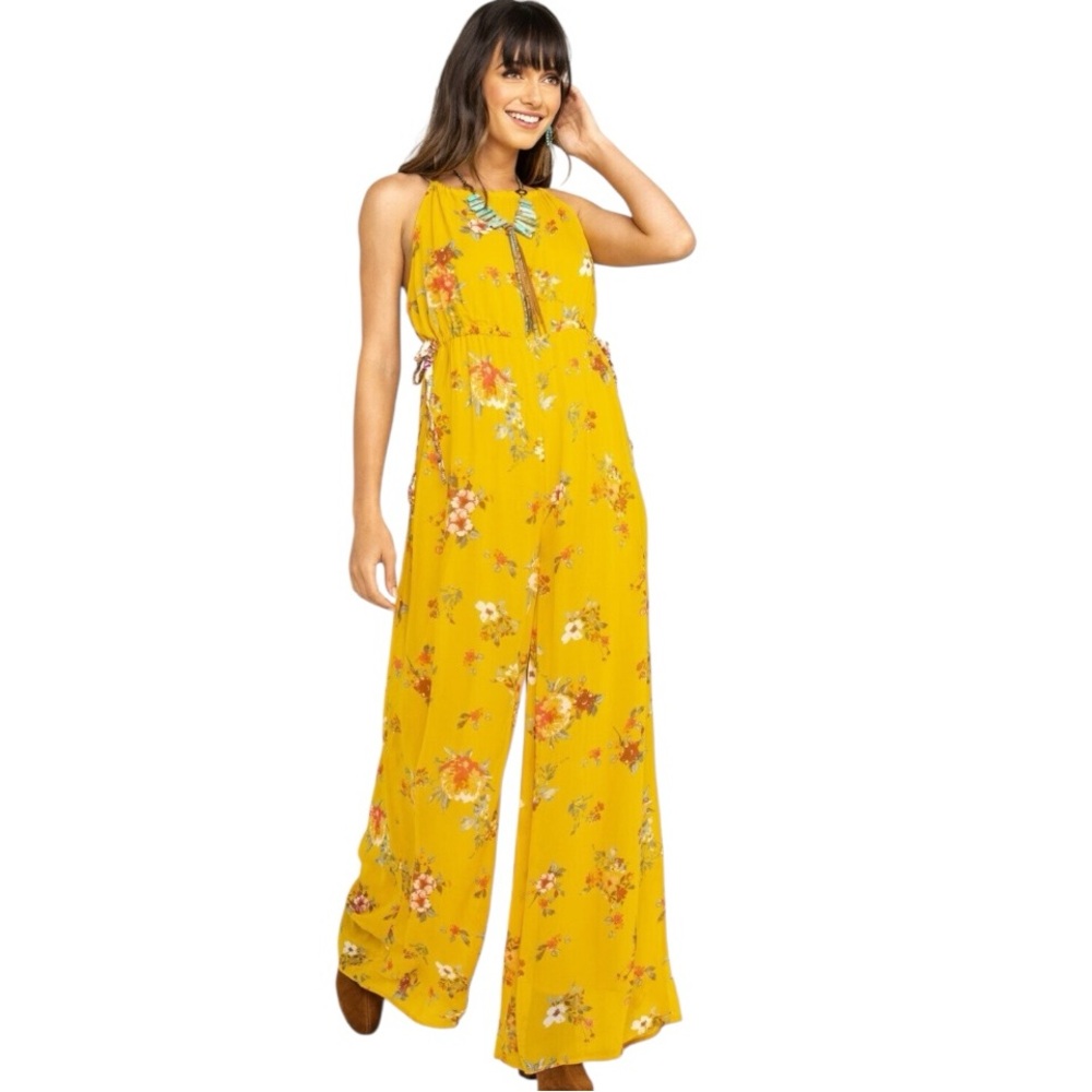 Free People Georgia Floral Golden Yellow Wide Leg Jumpsuit Size Large - Picture 7 of 16